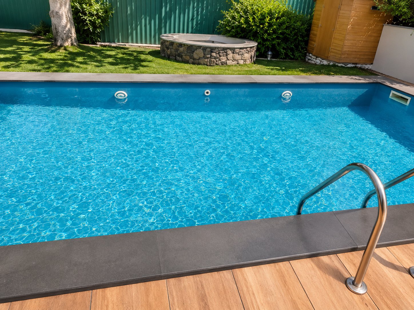 Piscina retangular com deck madeira e jacuzzi em pedra — projeto Volcatti em Sintra
